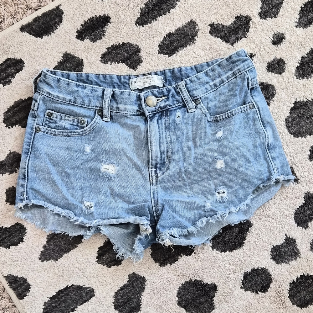 Free People Light Blue Distressed Mini Denim Jean Shorts Size 26